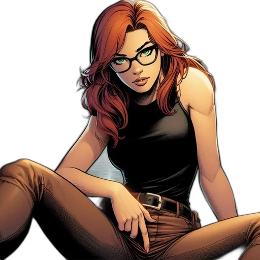 comic book art, cartoon, concept art, earth tones, red-haired, female, character, sits transparent PNG cut-out