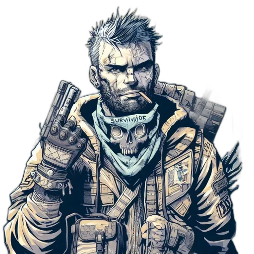 jacket, weapon, comic book art, concept art, cyberpunk, pixel art, earth tones, gritty transparent PNG cut-out