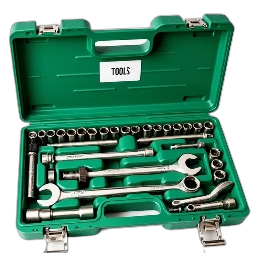 staff, green, toolbox, open, displaying, assortment, wrenches, other transparent PNG cut-out