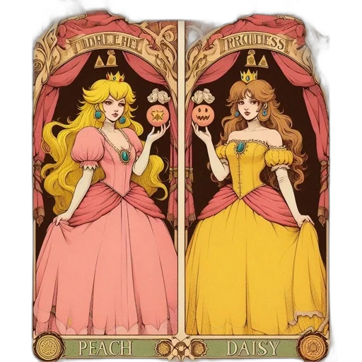 crown, concept art, fantasy art, comic book art, pixel art, golden, two, princesses transparent PNG cut-out