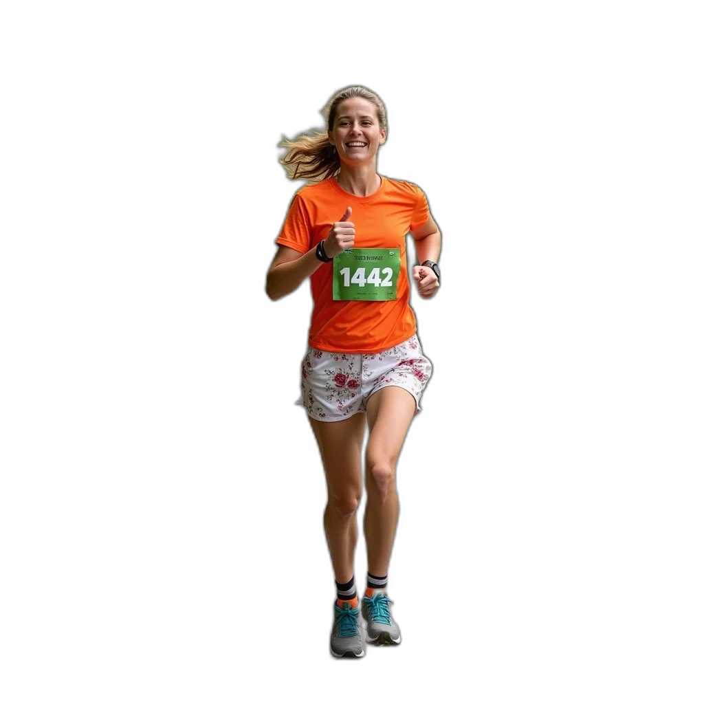 woman, jogging, path, trees, fence, background, wearing, orange transparent PNG cut-out