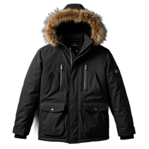 jacket, black, winter, coat, fur-lined, hood, displayed, against transparent PNG cut-out