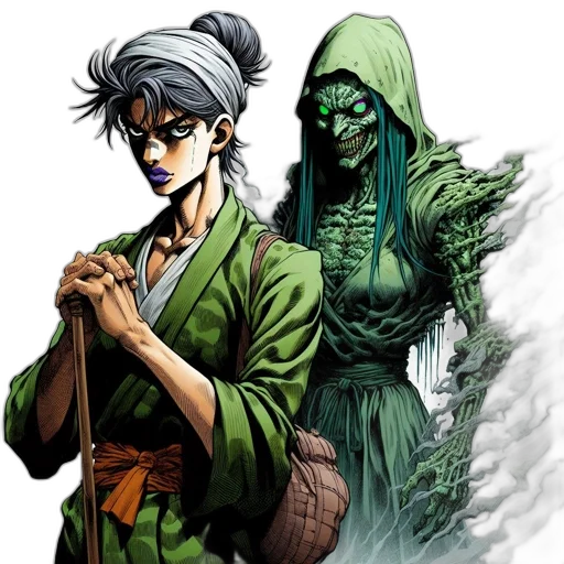 mask, comic book art, concept art, fantasy art, anime, green, two, animated transparent PNG cut-out