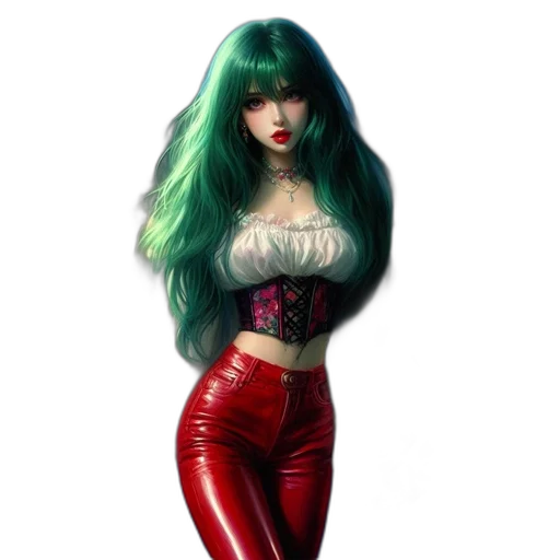 dress, hair, fantasy art, concept art, comic book art, cyberpunk, green, red transparent PNG cut-out