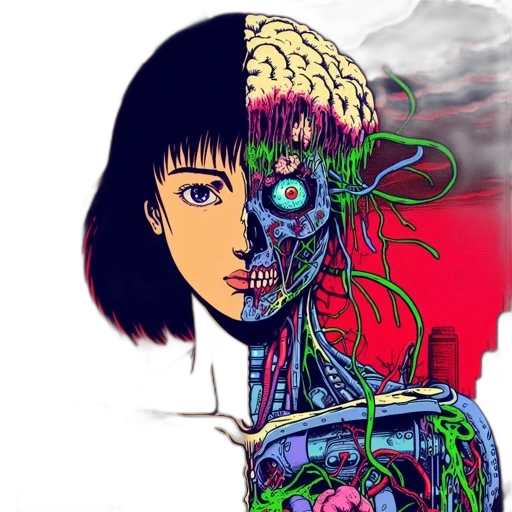 robot, face, cyberpunk, comic book art, concept art, pixel art, neon lights, outer space transparent PNG cut-out