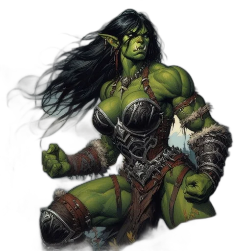 fantasy art, concept art, comic book art, pixel art, green, orcish, female, character transparent PNG cut-out
