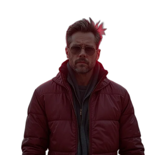 jacket, staff, face, hair, cyberpunk, concept art, 3d render, red transparent PNG cut-out