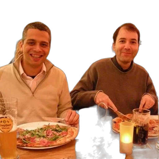 food, two, men, sit, table, pizza, drinks, smiling transparent PNG cut-out