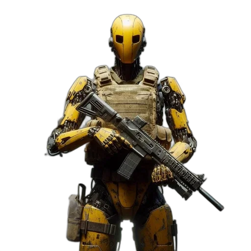 robot, weapon, concept art, 3d render, pixel art, cyberpunk, golden, earth tones transparent PNG cut-out