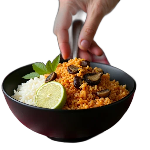 food, person, hand, reaching, into, black, bowl, filled transparent PNG cut-out