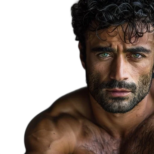 hair, photorealistic, man, dark, curly, green, eyes, beard transparent PNG cut-out