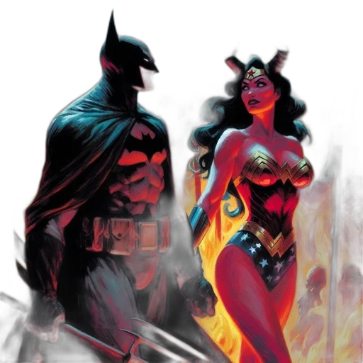 comic book art, concept art, fantasy art, fire, red, batman, wonder, woman transparent PNG cut-out