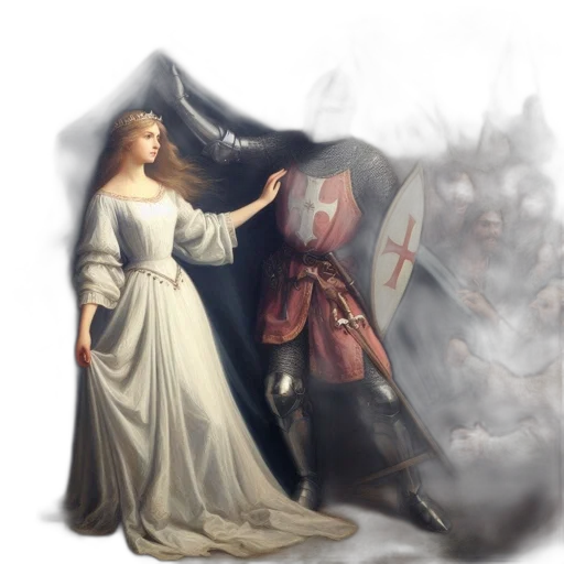 dress, sword, crown, concept art, fantasy art, oil painting, photorealistic, fog transparent PNG cut-out