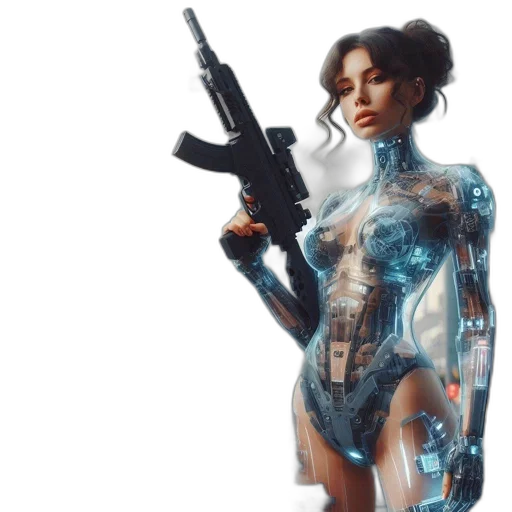 robot, weapon, dress, cyberpunk, concept art, pixel art, 3d render, outer space transparent PNG cut-out
