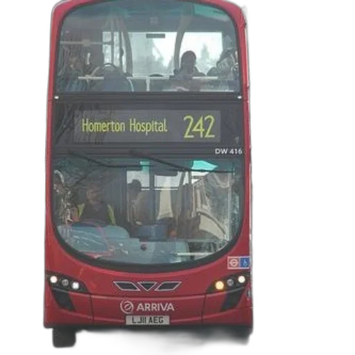 3d render, photorealistic, red, double-decker, bus, destination, homerton, hospital transparent PNG cut-out