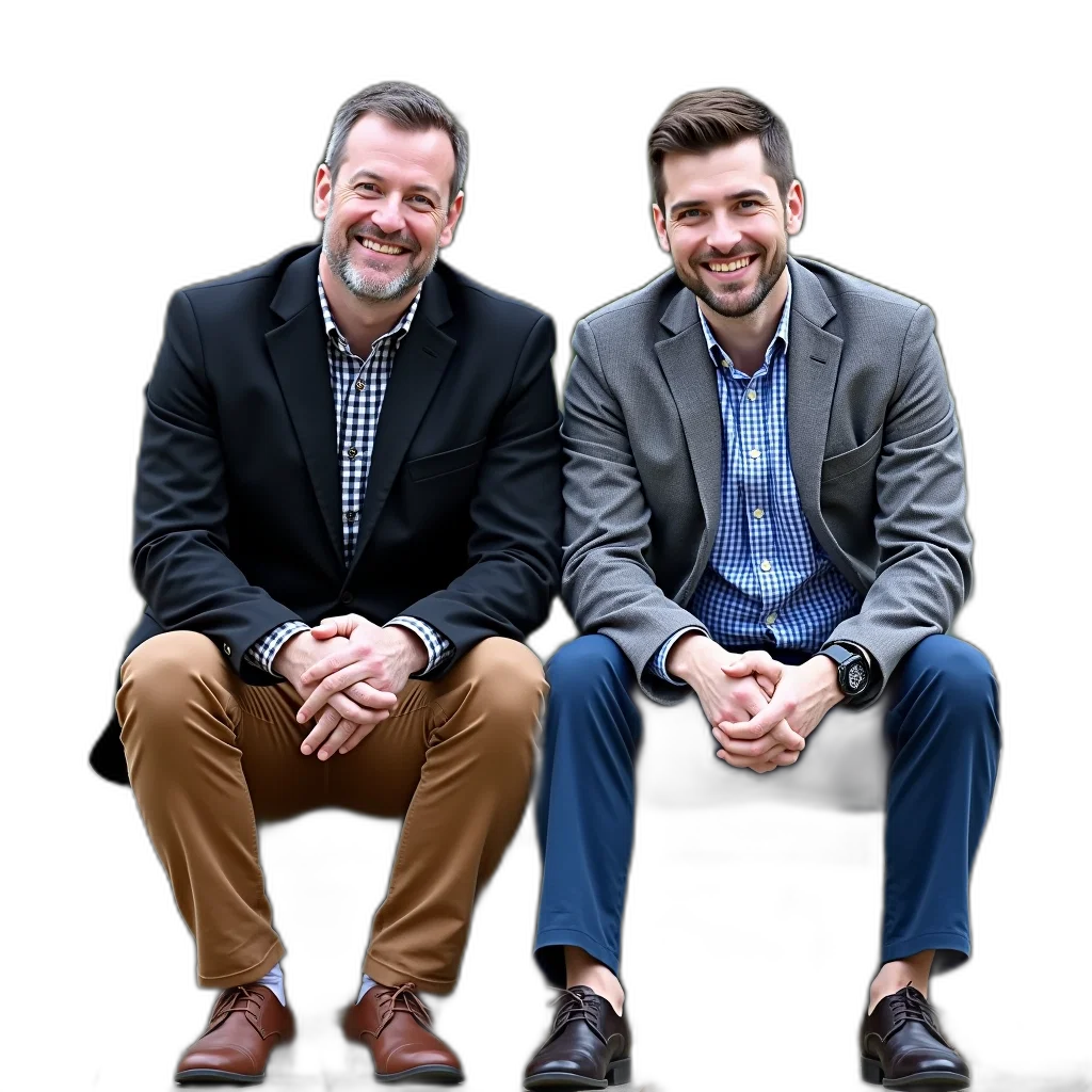 jacket, staff, two, men, sitting, bench, their, legs transparent PNG cut-out