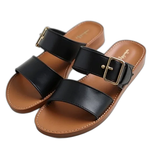 shoes, pair, black, brown, sandals, metallic, buckle, straps transparent PNG cut-out