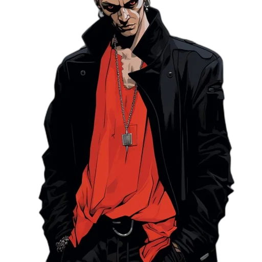 jacket, comic book art, concept art, cyberpunk, cartoon, red, dark, digitally transparent PNG cut-out