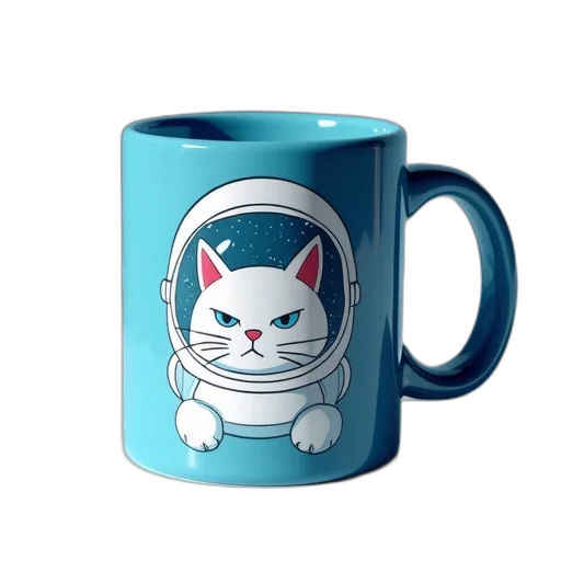 3d render, anime, vaporwave, concept art, blue, mug, white, cat transparent PNG cut-out