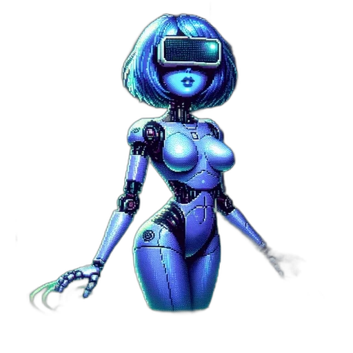 robot, dress, concept art, cyberpunk, 3d render, pixel art, blue, blue-haired transparent PNG cut-out
