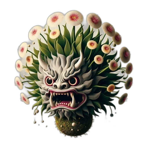 creature, mask, dragon, flower, concept art, fantasy art, 3d render, photorealistic transparent PNG cut-out