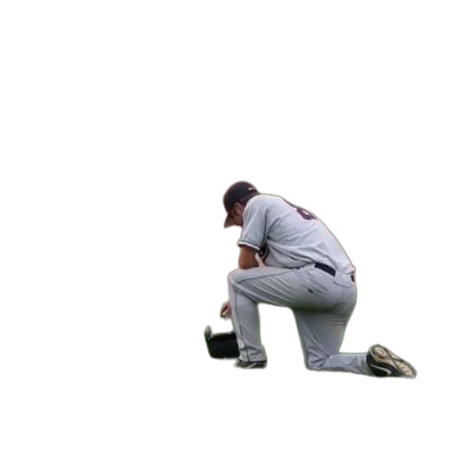 jacket, baseball, player, kneeling, grass, his, glove, front transparent PNG cut-out