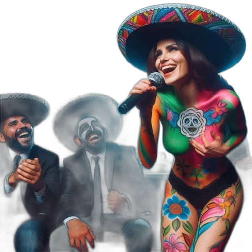 concept art, female, singer, wearing, colorful, sombrero, body, paint transparent PNG cut-out