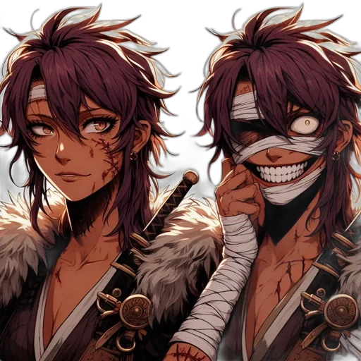 mask, anime, concept art, fantasy art, comic book art, dark, monochrome, earth tones transparent PNG cut-out