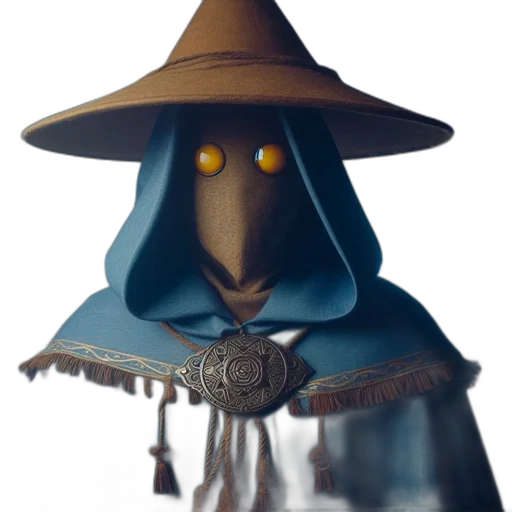 hat, mask, staff, face, concept art, 3d render, fantasy art, photorealistic transparent PNG cut-out