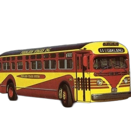 3d render, photorealistic, concept art, red, yellow, bus, destination, oakland transparent PNG cut-out