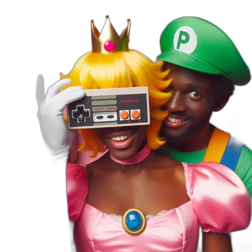 crown, dress, robot, hat, concept art, vaporwave, two, people transparent PNG cut-out
