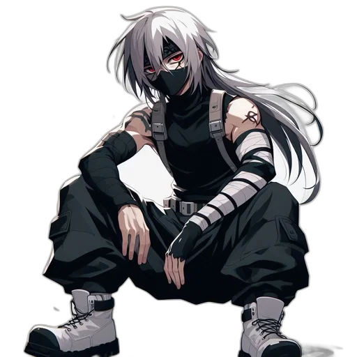 mask, weapon, staff, concept art, anime, pixel art, comic book art, monochrome transparent PNG cut-out
