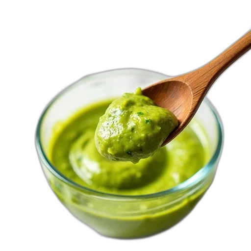 food, green, wooden, spoon, scooping, vibrant, sauce, clear transparent PNG cut-out