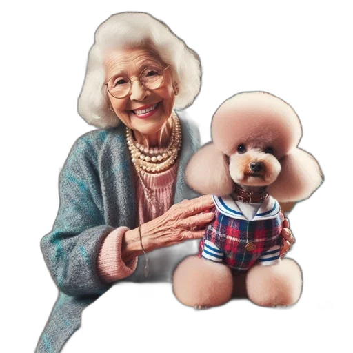 photorealistic, elderly, lady, smiles, while, hugging, furry, light-colored transparent PNG cut-out