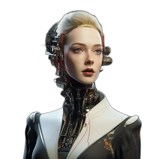 robot, face, staff, jacket, concept art, cyberpunk, photorealistic, fantasy art transparent PNG cut-out