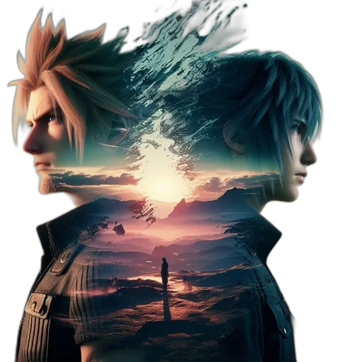 hair, concept art, anime, fantasy art, 3d render, fire, sunset, two transparent PNG cut-out