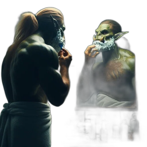 mask, concept art, fantasy art, comic book art, photorealistic, bathroom, green-skinned, muscular transparent PNG cut-out