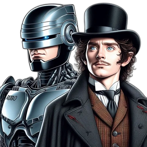 robot, comic book art, concept art, two, characters, labeled, robo, visor transparent PNG cut-out