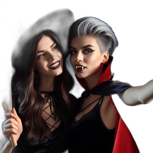 fantasy art, concept art, comic book art, photorealistic, dark, two, women, halloween transparent PNG cut-out