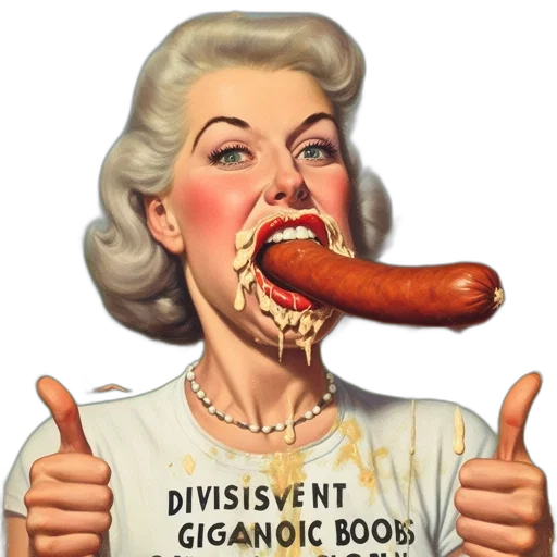 food, vintage-styled, comic, blonde, woman, bites, into, mustard-covered transparent PNG cut-out