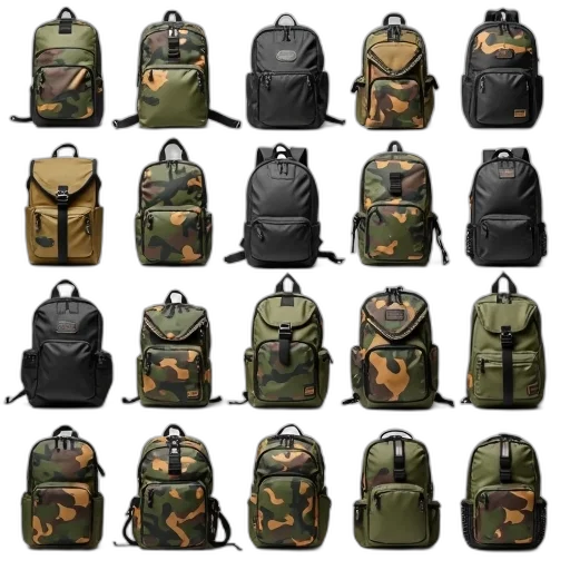 3d render, concept art, pixel art, collection, various, camouflage, backpacks, displayed transparent PNG cut-out