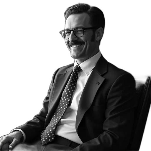 staff, black, white, photograph, man, mustache, glasses, wearing transparent PNG cut-out