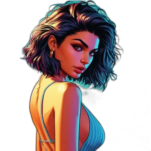 dress, jewelry, face, comic book art, concept art, cartoon, fantasy art, neon lights transparent PNG cut-out