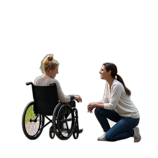staff, umbrella, furniture, concept art, 3d render, photorealistic, woman, wheelchair transparent PNG cut-out