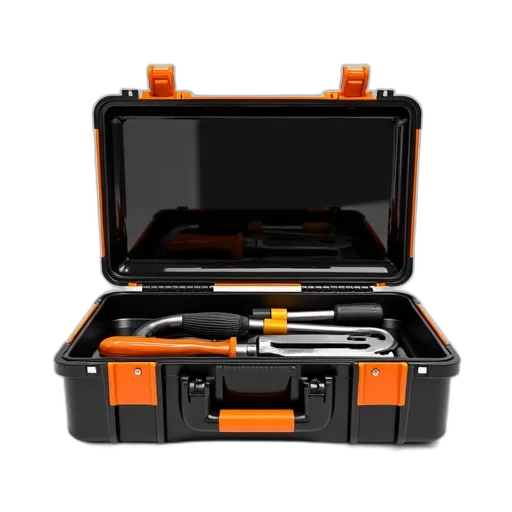staff, jewelry, black, orange, toolbox, reflective, surface, lid transparent PNG cut-out