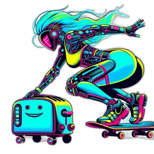robot, concept art, cyberpunk, cartoon, vaporwave, neon lights, neon, colorful transparent PNG cut-out