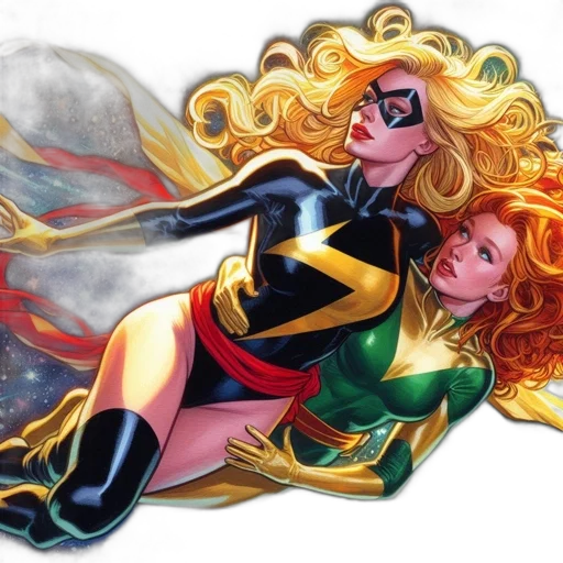 comic book art, concept art, two, female, superheroes, one, black, yellow transparent PNG cut-out