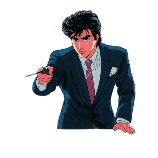 jacket, staff, face, weapon, comic book art, pixel art, concept art, anime transparent PNG cut-out