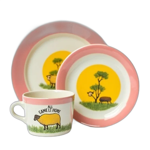 pastel, collection, vintage, ceramic, plates, cup, sheep, design transparent PNG cut-out