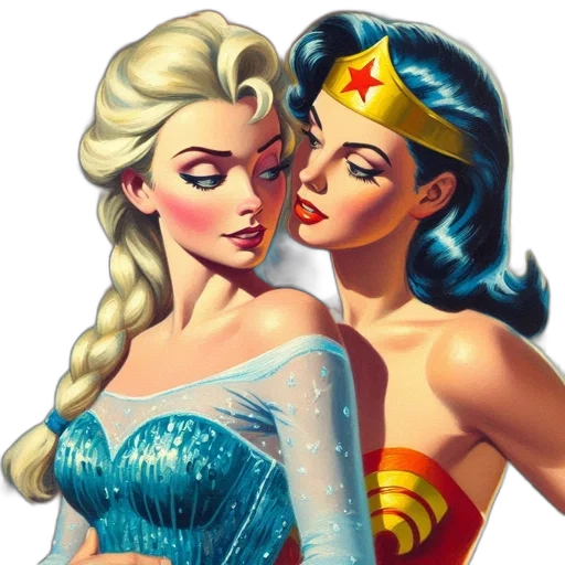 comic book art, fantasy art, cartoon, concept art, two, female, characters, one transparent PNG cut-out